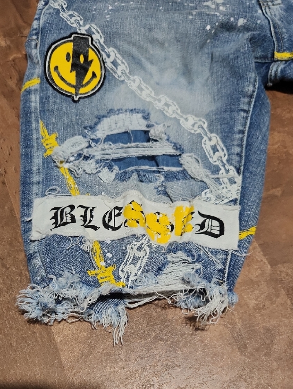 Blue Distressed "Smoke Rise"Graphic Denim Shorts - - Picture 2 of 6